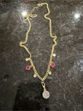 Gold Necklace with Pink and Clear Crystal Charms